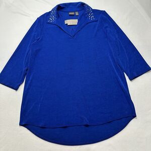 Chico's 3 Womens XL Catalina Blue Embellished Collar 3/4 Sleeve Blouse Acetate